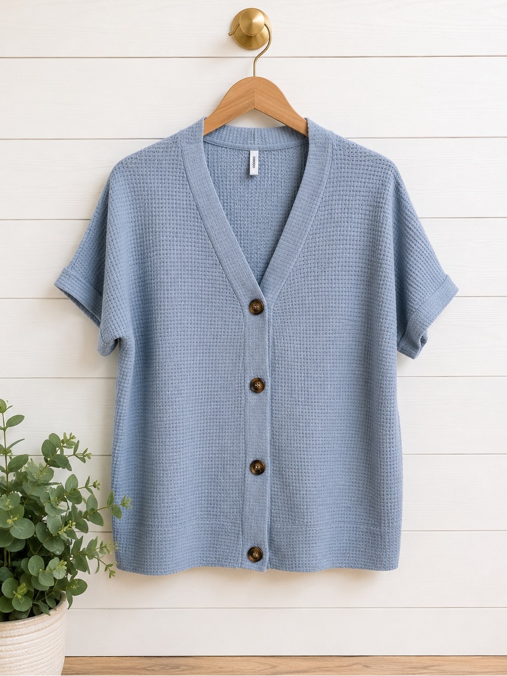 💙 Boutique Waffle Knit Button Front Short Sleeve Cardigan Top Size Large Cozy